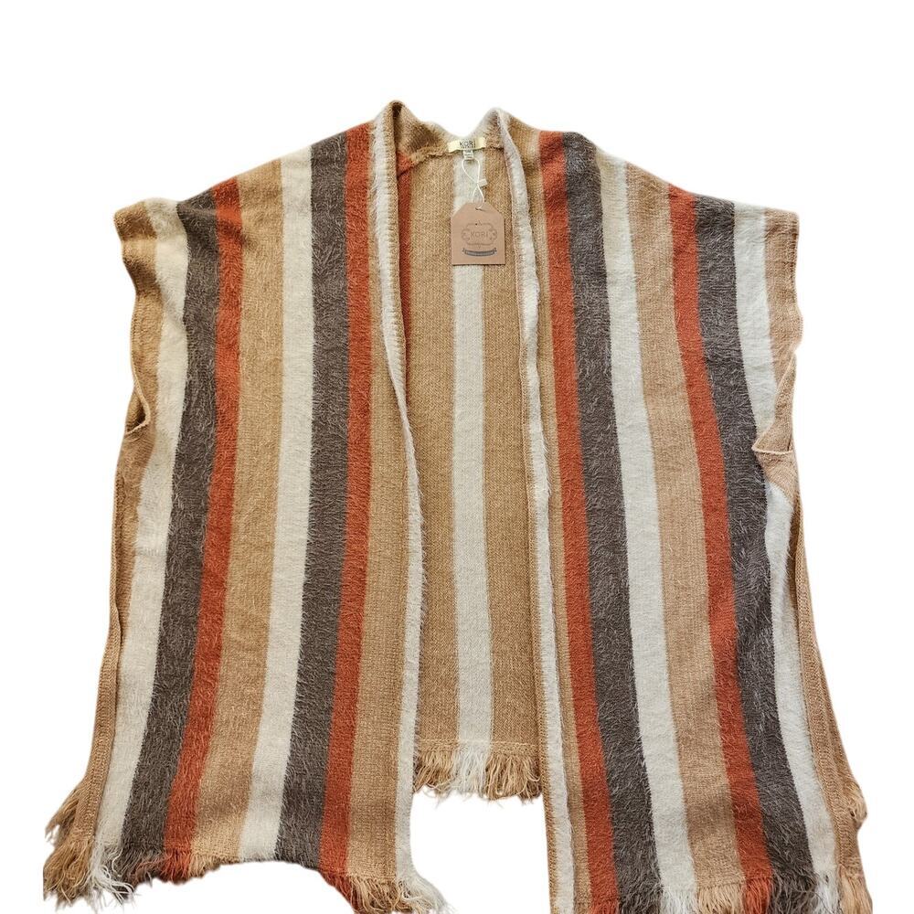 KORI America Womens S/M Striped Eyelash Fringe Boho Kimono Cardigan Sweater - Picture 3 of 6